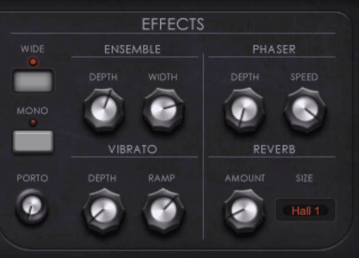 The Effects section includes ensemble, phaser, vibrato, and reverb, as well as portamento.