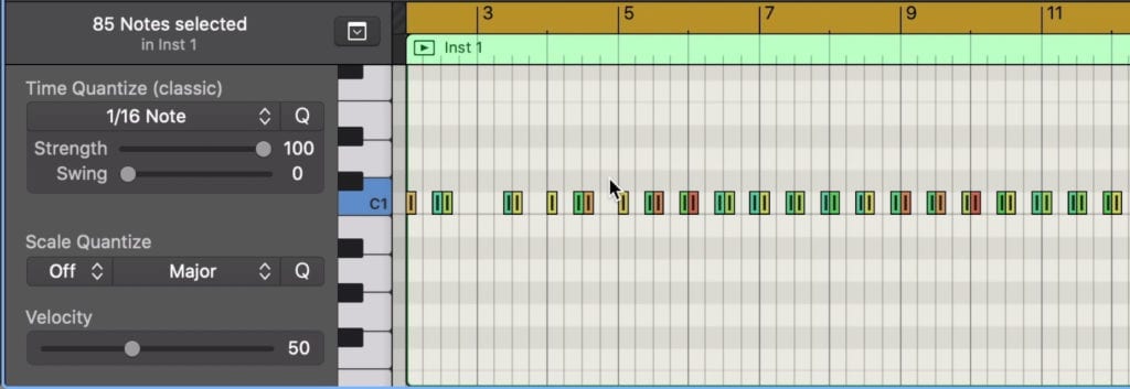 This midi data can be quantized and affected in other common ways.