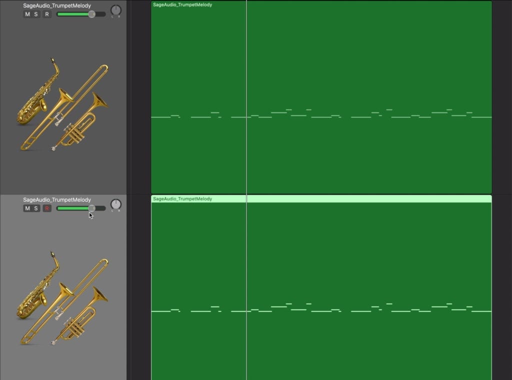 Double the trumpet. With the second track we can emulate an ambient or room mic placement in addition to the close mic placement.