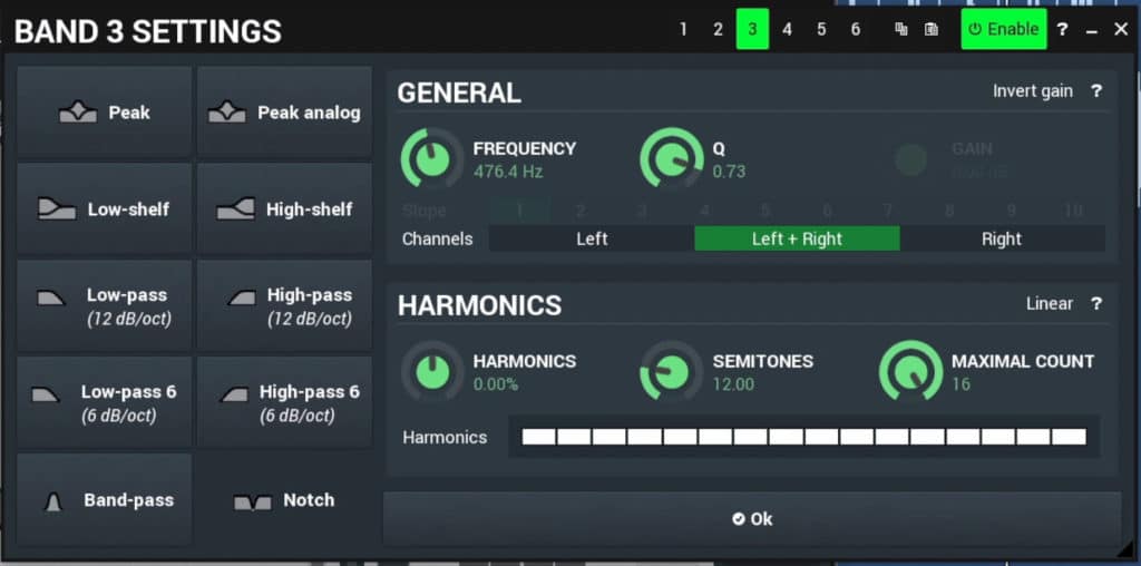 These are the settings you can choose for each band.