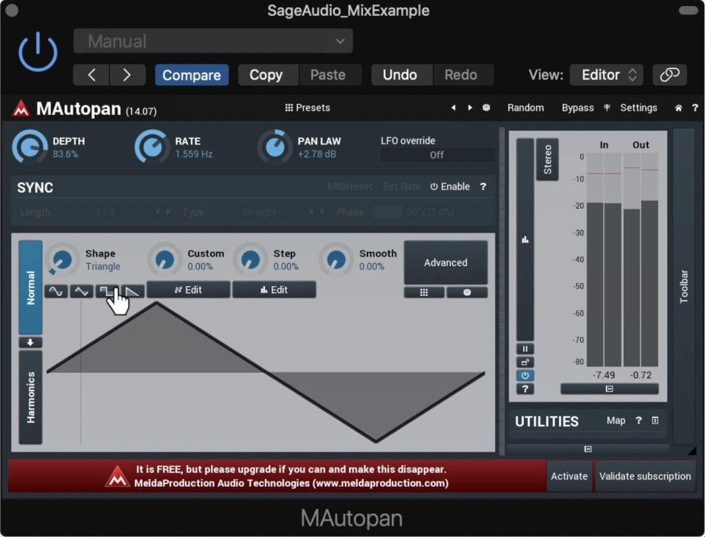 The panning shape can be quickly altered with the waveform icons.