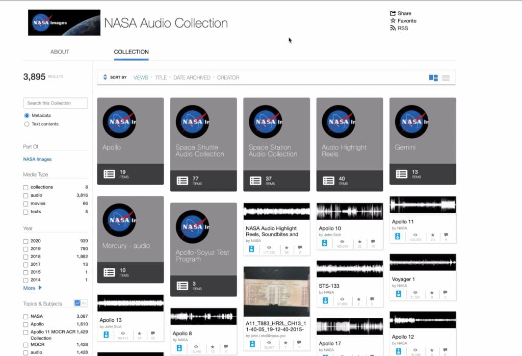 NASA offers a collection of their audio recordings from past trips and launches.