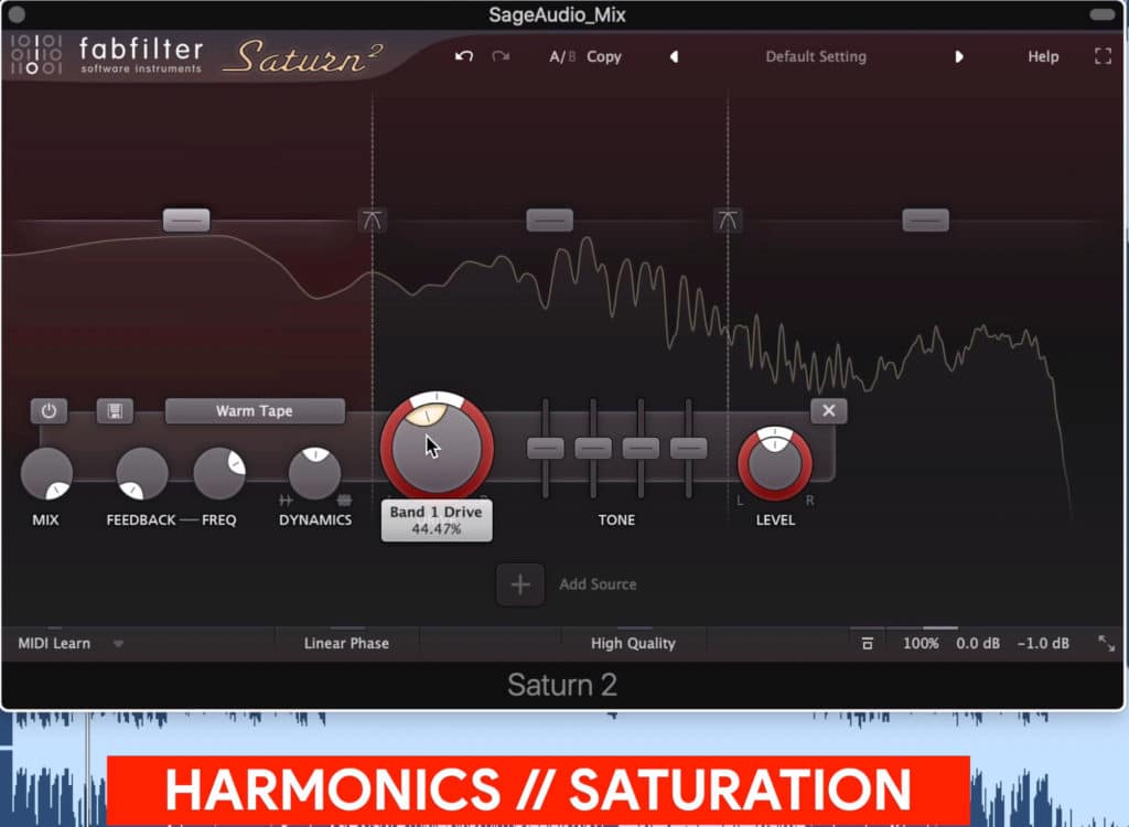 Harmonic distortion and saturation compress and distort the signal, making it sound fuller and more complex.