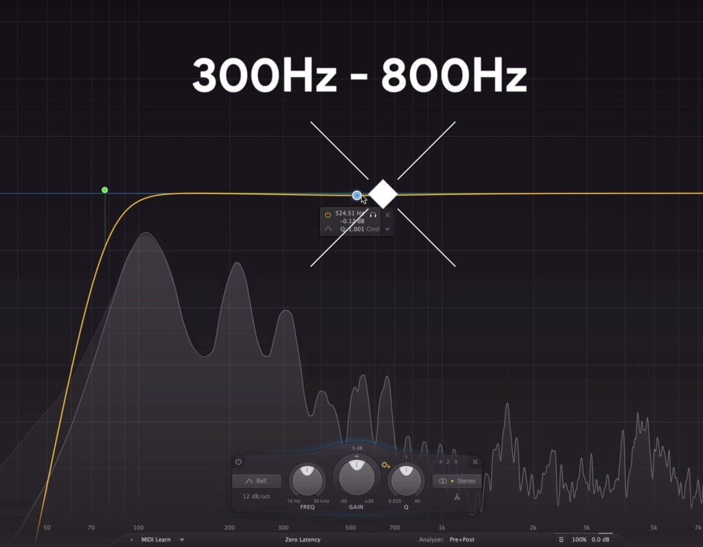 These frequencies can gently be attenuated to add clarity to a vocal.