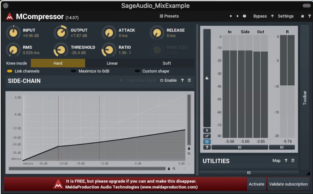 We performed about 10dB of gain reduction with a fast attack and release.