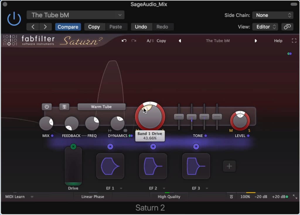 Saturation fills in some of the gaps in the frequency spectrum.