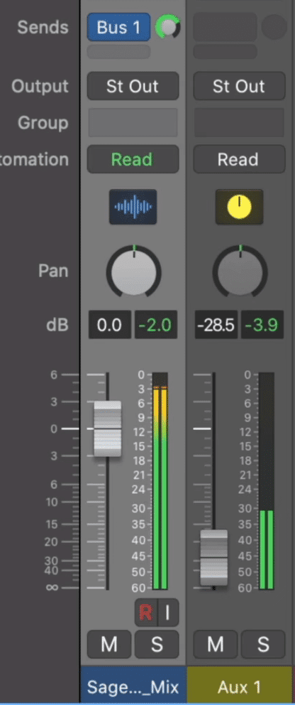 Set the bus send to unity and reduce the volume of you Aux track.