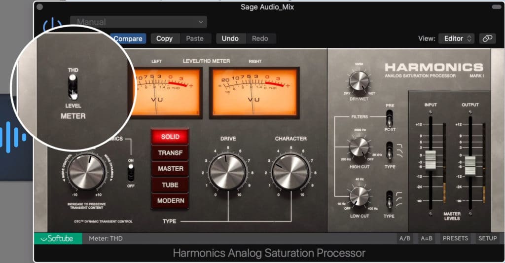 The VU meters can be switched between level and THD.
