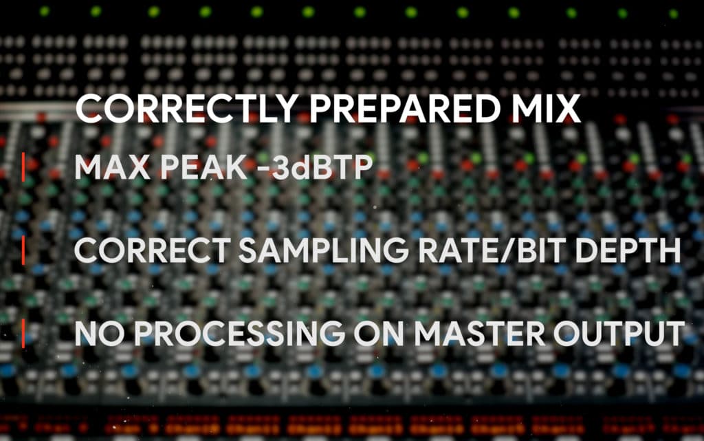 A correctly prepared mix will peak around -3dBTP, will be exported at the correct resolution, and will not include processing on the master output.