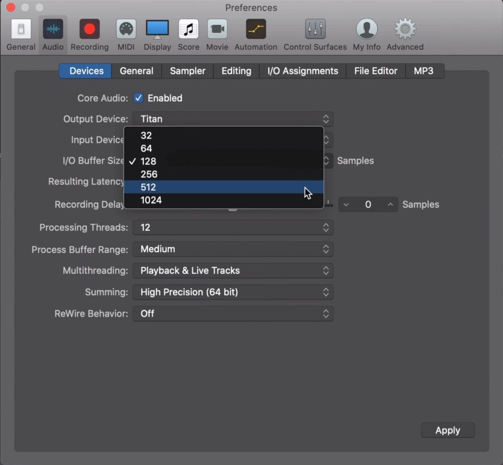 When recording, the lower the buffer size the better