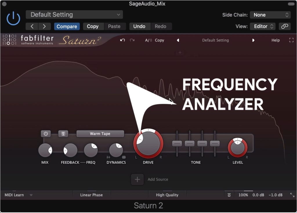 Up top is a frequency analyzer and where you'll create your multi-band distortion.