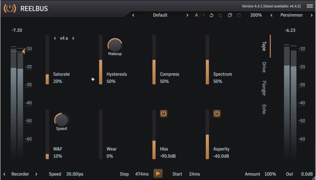 Shown here is the Tape tab of the Recorder section.