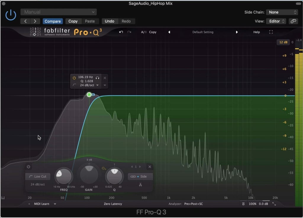 A high-pass filter on the side image makes the low frequency range mono.