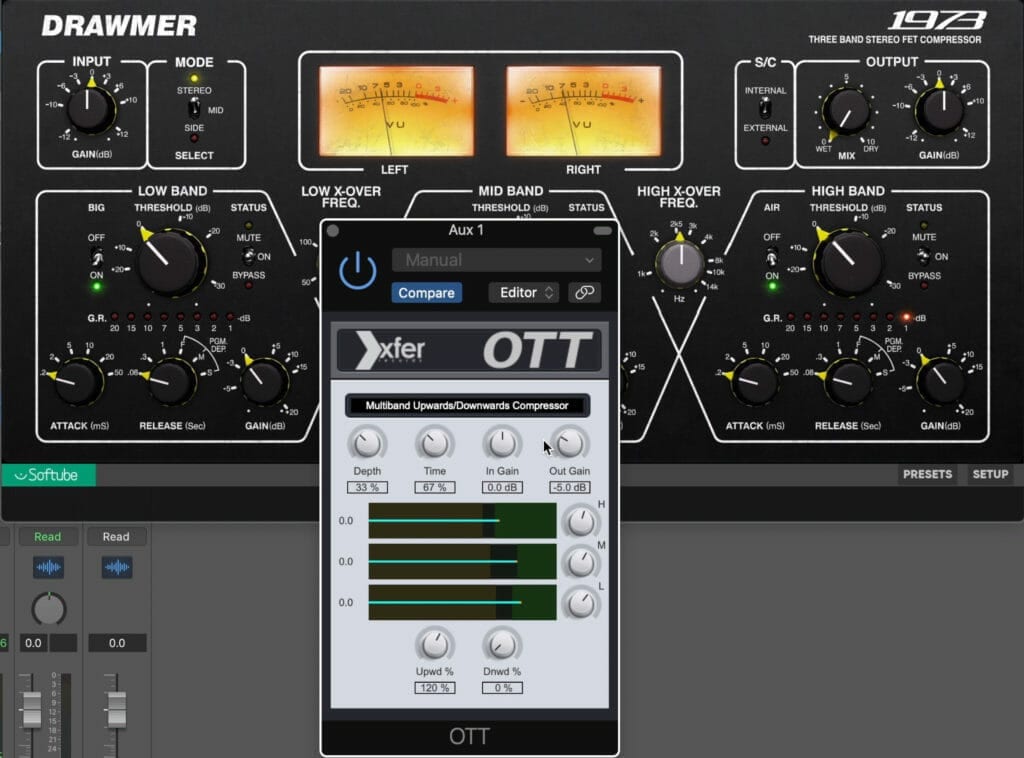 A low-level compressor after a parallel compressor can bring out that signal's character.