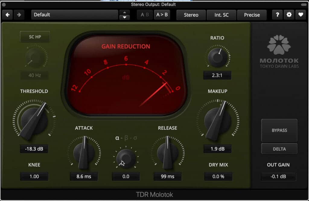 I only used about 2dB of attenuation on the full mix, and set it to beta (not shown in the photo).