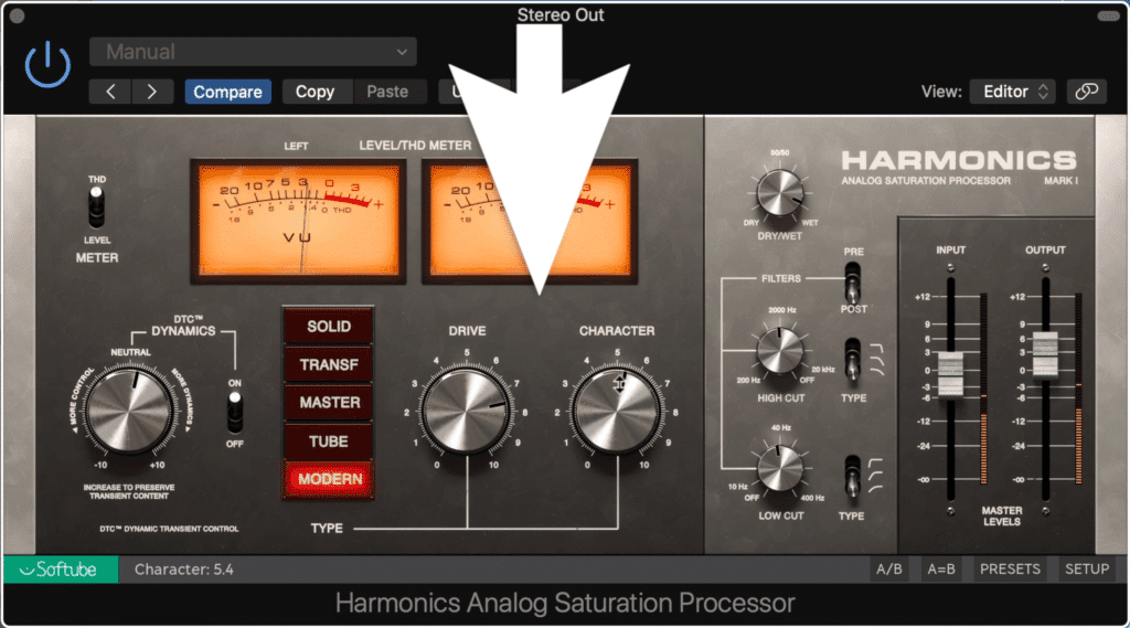 The drive, character, and type functions make up the majority of the plugin's timbre.