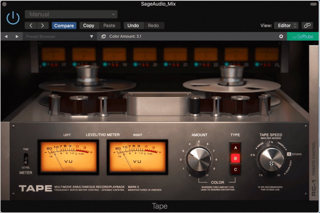 The Tape plugin add very subtle harmonic distortion and compression, as well as cleans up some of the lows.