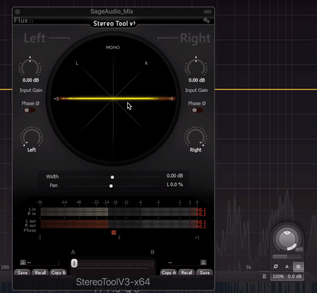 Notice that the signal is panned to the side by the FF Pro-Q3, and it shows up on the Stereo Tool as completely side.