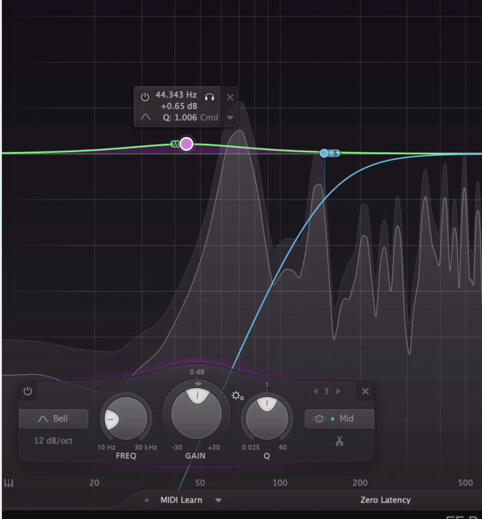 By cutting the lows on the side, and boosting them on the mid, we can make the kick and bass more focused.