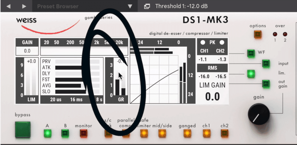 Notice that when using mid-side compression, the mid channel (the left bar) is compressed more than the side channel.