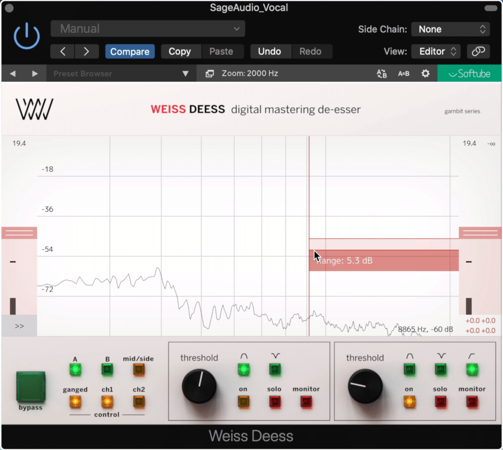 Using a deesser helps control sibilance before it gets amplified by saturation or additive equalization.