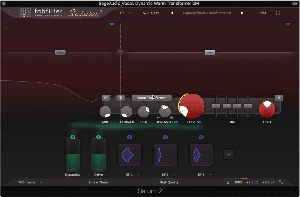 The Saturn 2 adds pleasant sounding harmonic distortion. This preset uses program dependent distortion for a more realistic effect.
