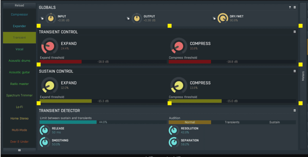 Shown here is the transient section of the plugin.