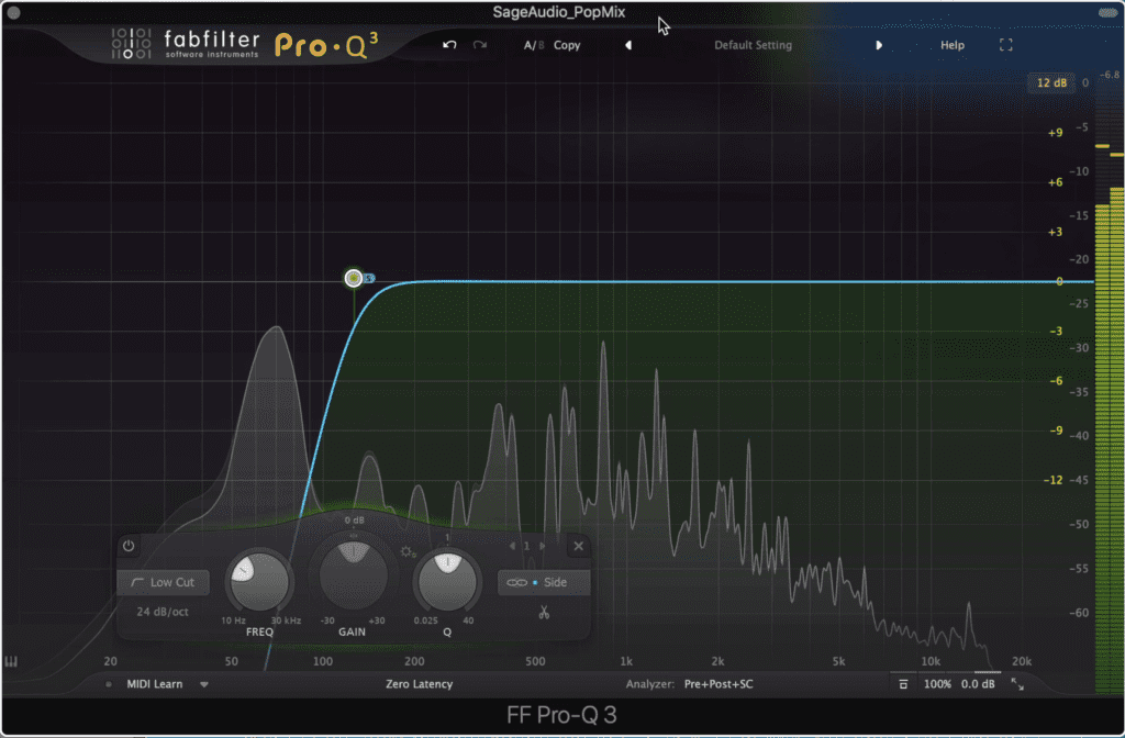 Using an EQ with Mid-Side capabilities, we'll attenuate the side image's low frequency range.