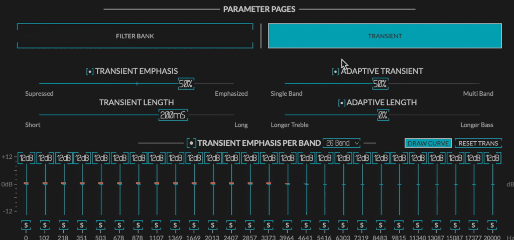 The transient parameter page allows you to control how much compression or expansion occurs, adjust how transients are measured, and affect individual bands.