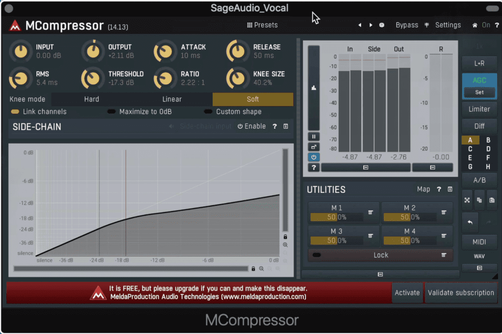 MCompressor offers typical compressor settings as well as advanced functionality.
