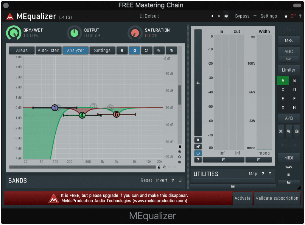 The MEqualizer allows for 6 bands of equalization, and has mid-side functionality.