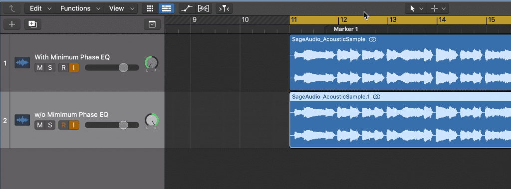 Here we have 2 identical tracks panned hard left and right. One has an EQ, the other does not.