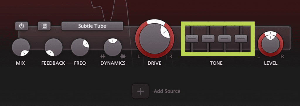 The tone control determines what frequencies are emphasized prior to distortion.